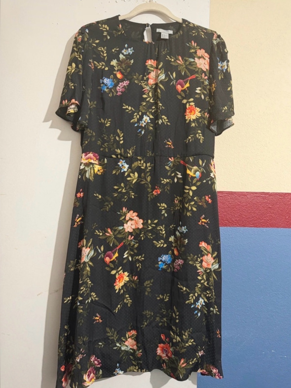 H&M Black Floral Midi Dress with Multicolor Blooms
